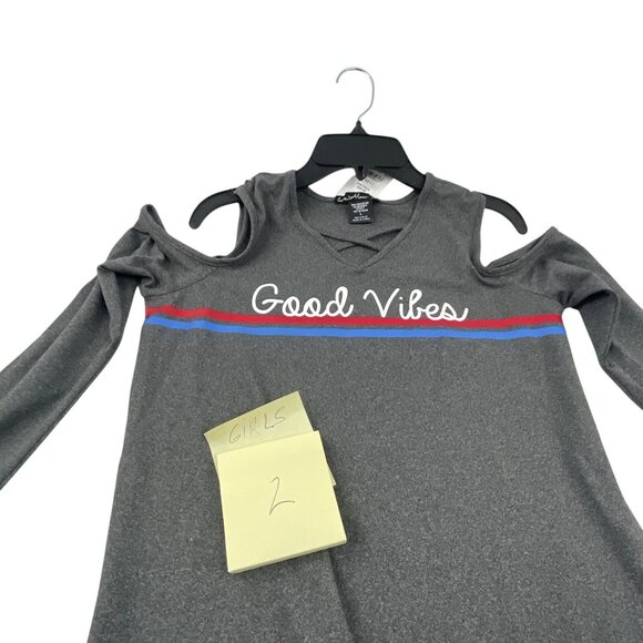 Love Alexa NWT Girls Good Vibes Cold Shoulder Top Gray Long Sleeve L Stretch - Picture 5 of 7
